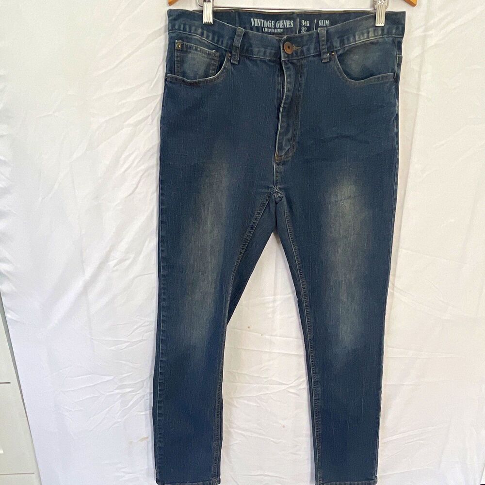 Vintage Genes Men's Blue Medium Wash Denim Jeans Slim Fit Mid Rise 5-Pocket